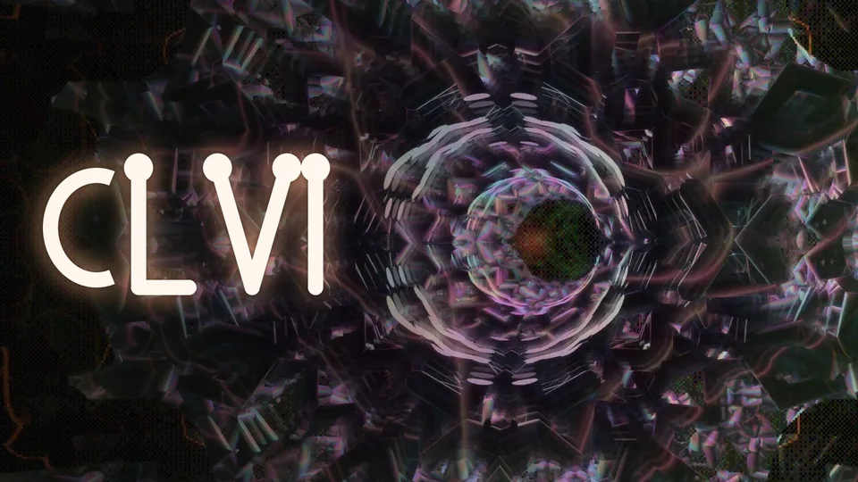 A kaleidoscope of crystal light around a dark eye, beside the title CLVI.